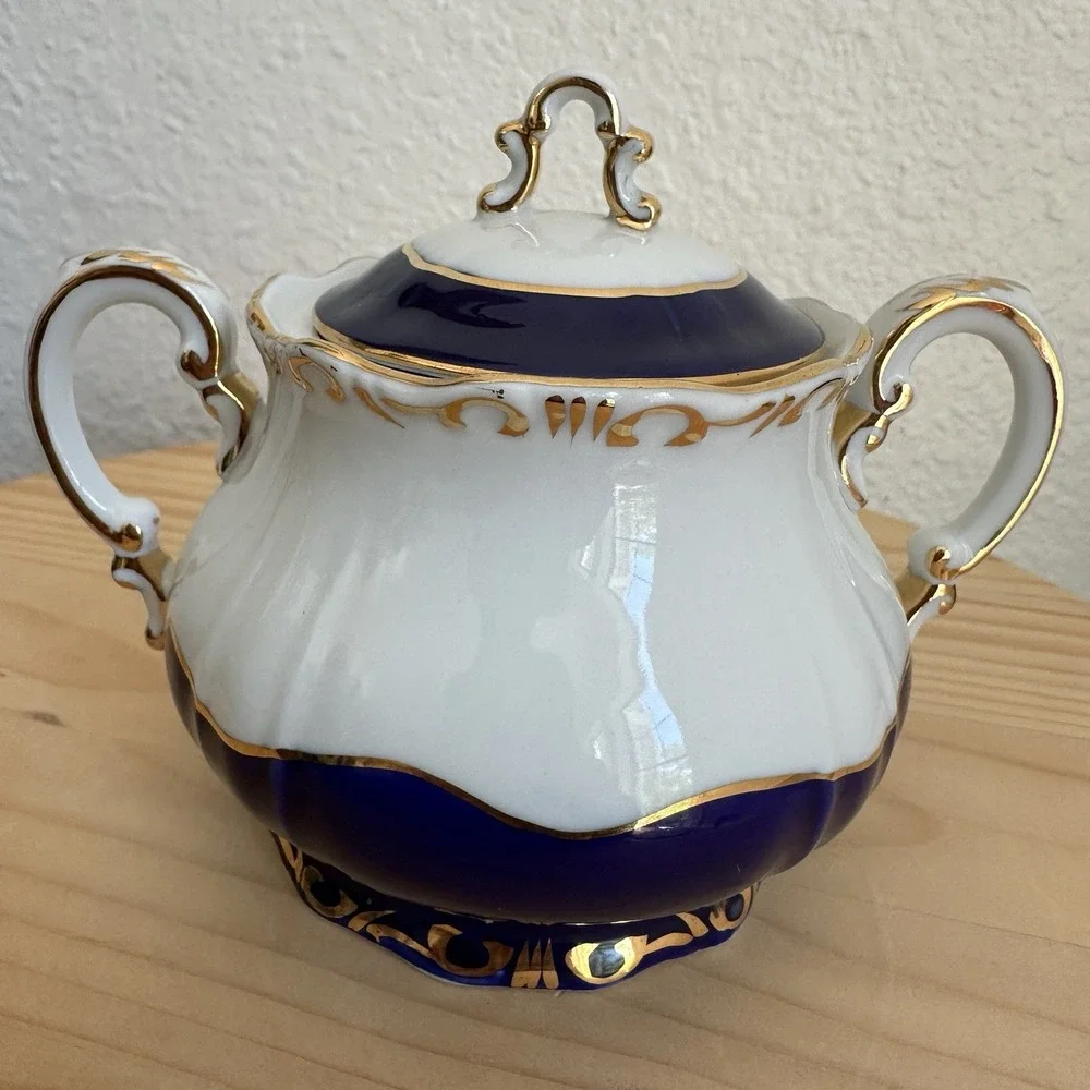 Zsolnay Hungary Pompadour III‎ Demitasse Sugar Bowl 4.25 Inch Blue 18kt Gilded